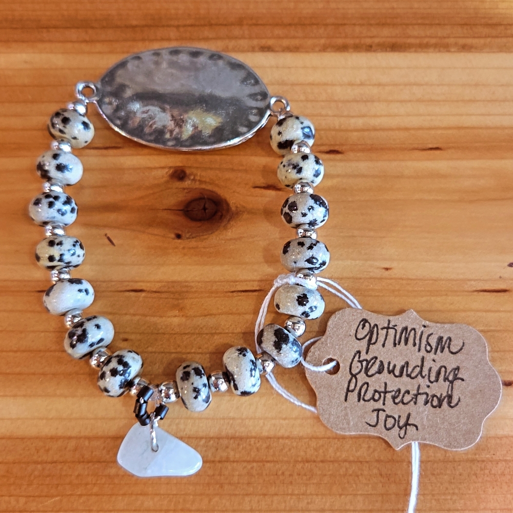Dalmatian Jasper Beaded Bracelet with Silver Accents